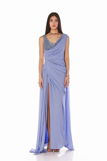 Abito da sera blu con drappeggio ricamato sul busto